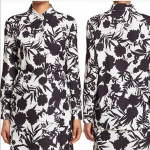 St. John Satin Crepe Black and White Floral Shirt | Small |NWOT